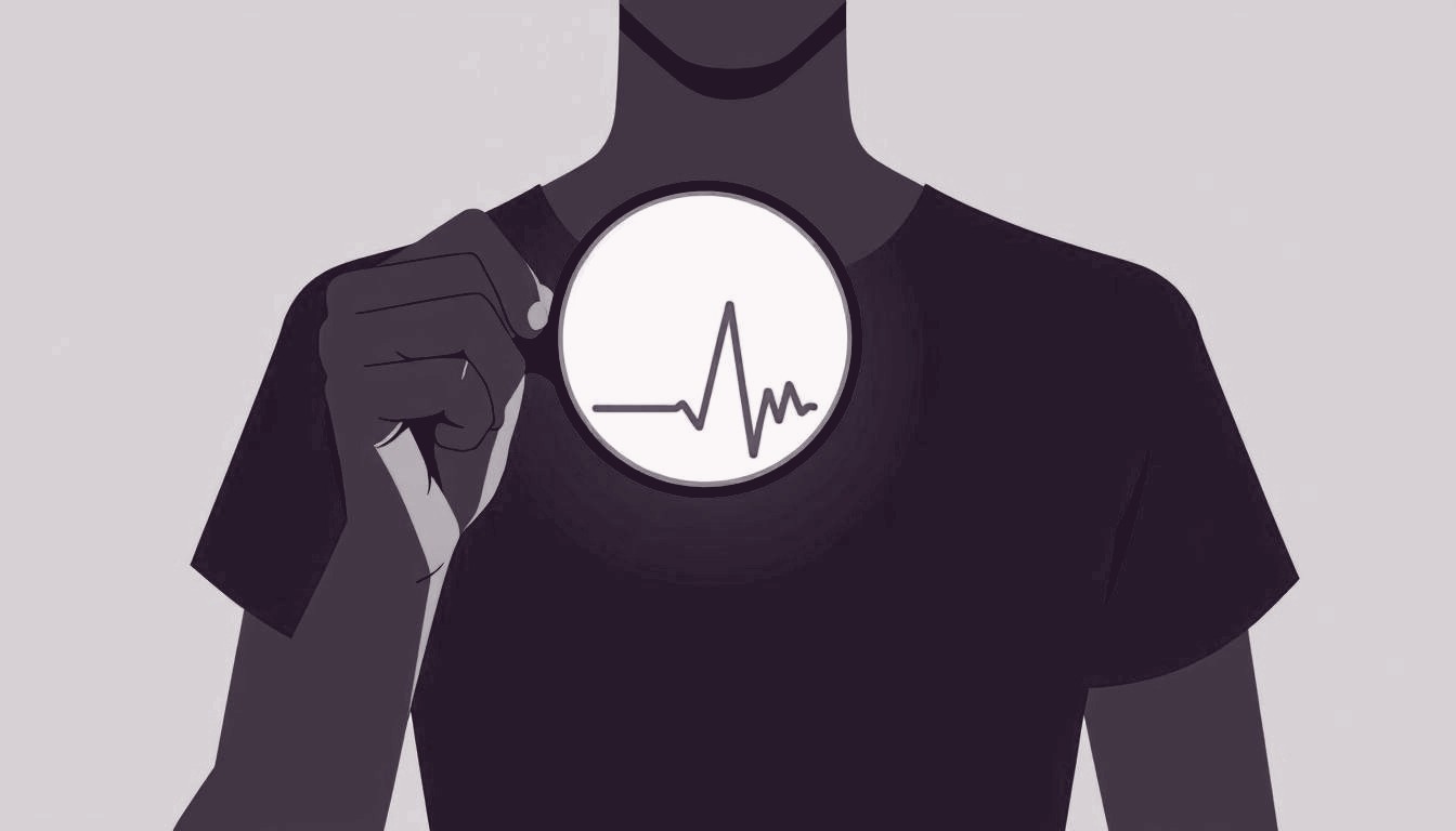 A person steadies a clear magnifying glass over their chest, spotlighting a faint, rhythmic pulse.