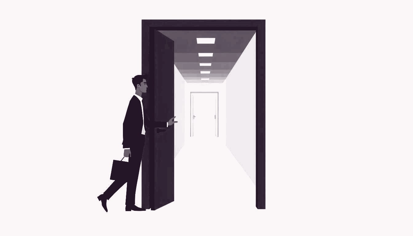 A professional gently pushes an office door open with one hand, revealing a bright hallway beyond.