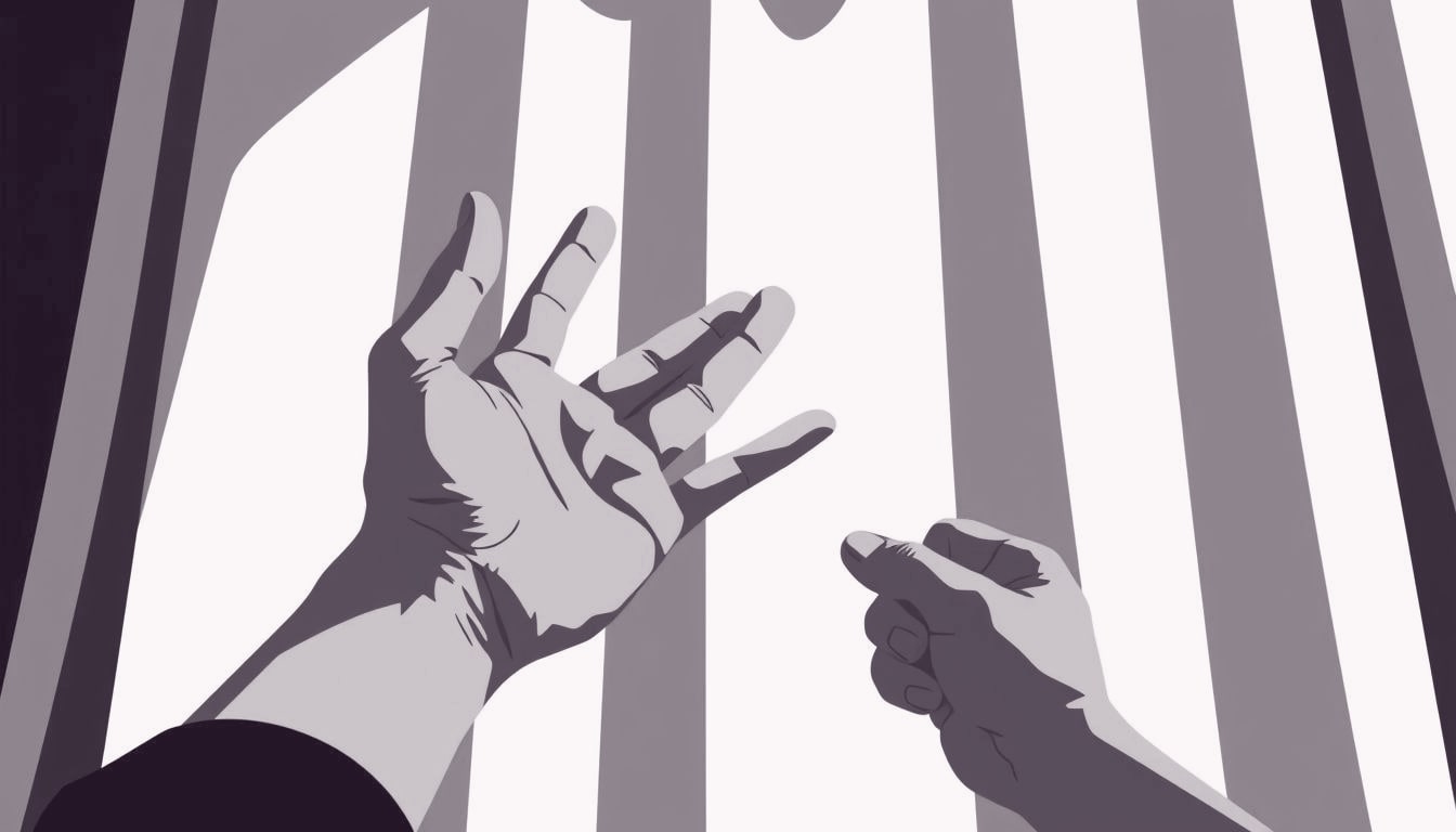 A hand extended forward with palm up, gently meeting a second hand offering a matching, steady grip