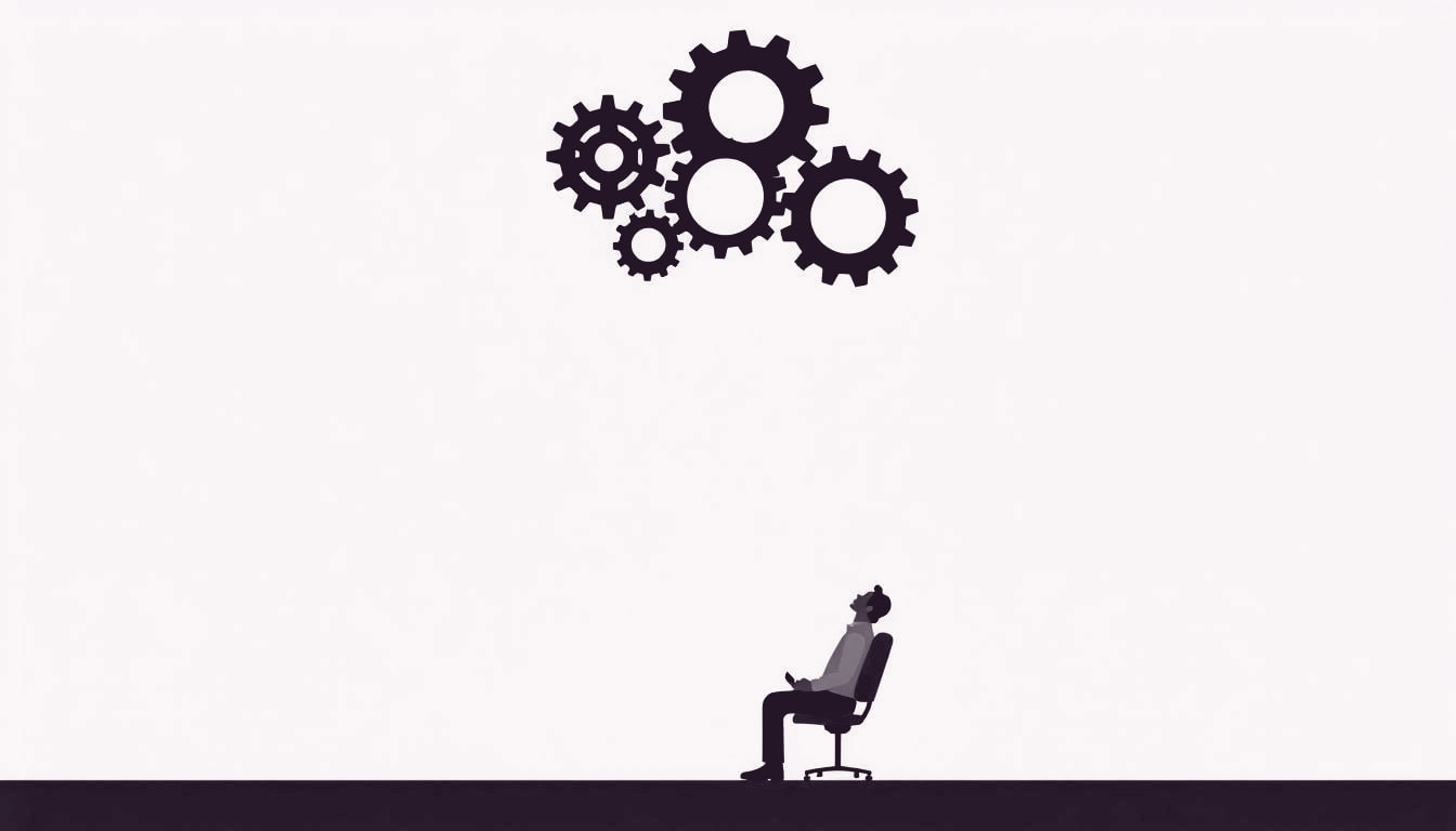A seated office worker gazes upward at a floating cluster of five interlocking gears hovering above their head