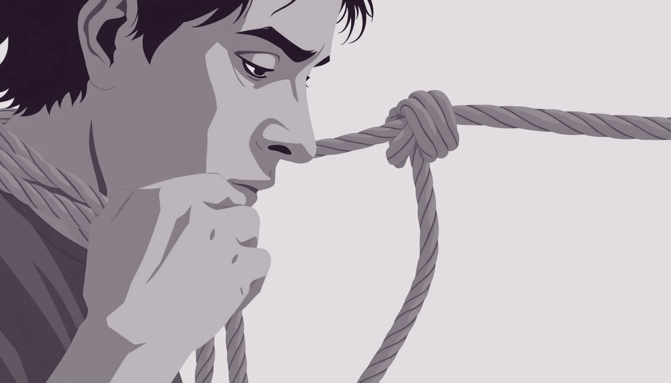 A weary person gently untangling a frayed rope that loops around their shoulders, eyes focused on the loose end.