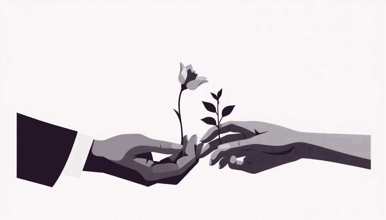 Two hands touching, one holding a wilted flower while the other offers a fresh sprout