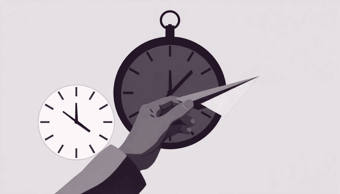 A hand steadies a paper airplane as its wing tilts toward a looming clock.