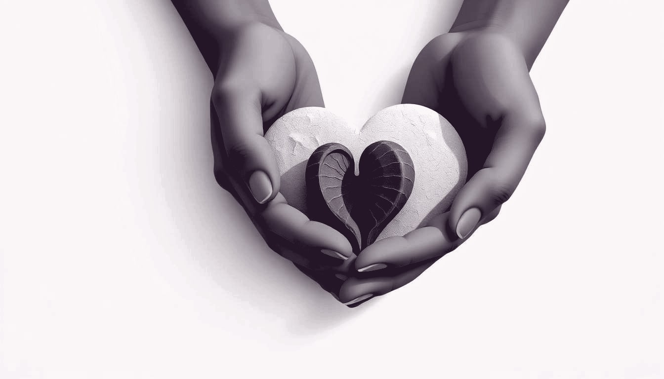 An adult gently cupping an ear-shaped shell against a heart-shaped stone