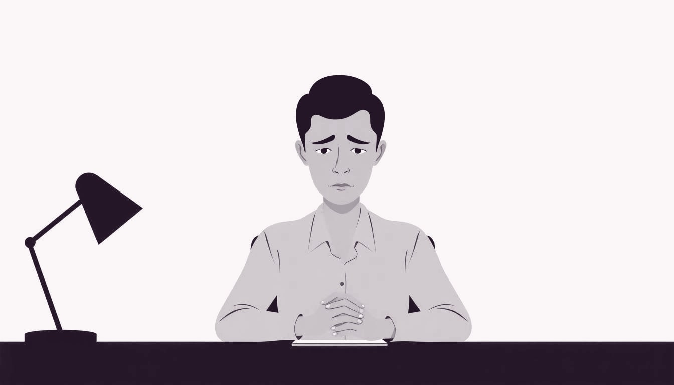 A person sits at a desk, one half of their face serene while the other half is furrowed, shoulders tensed