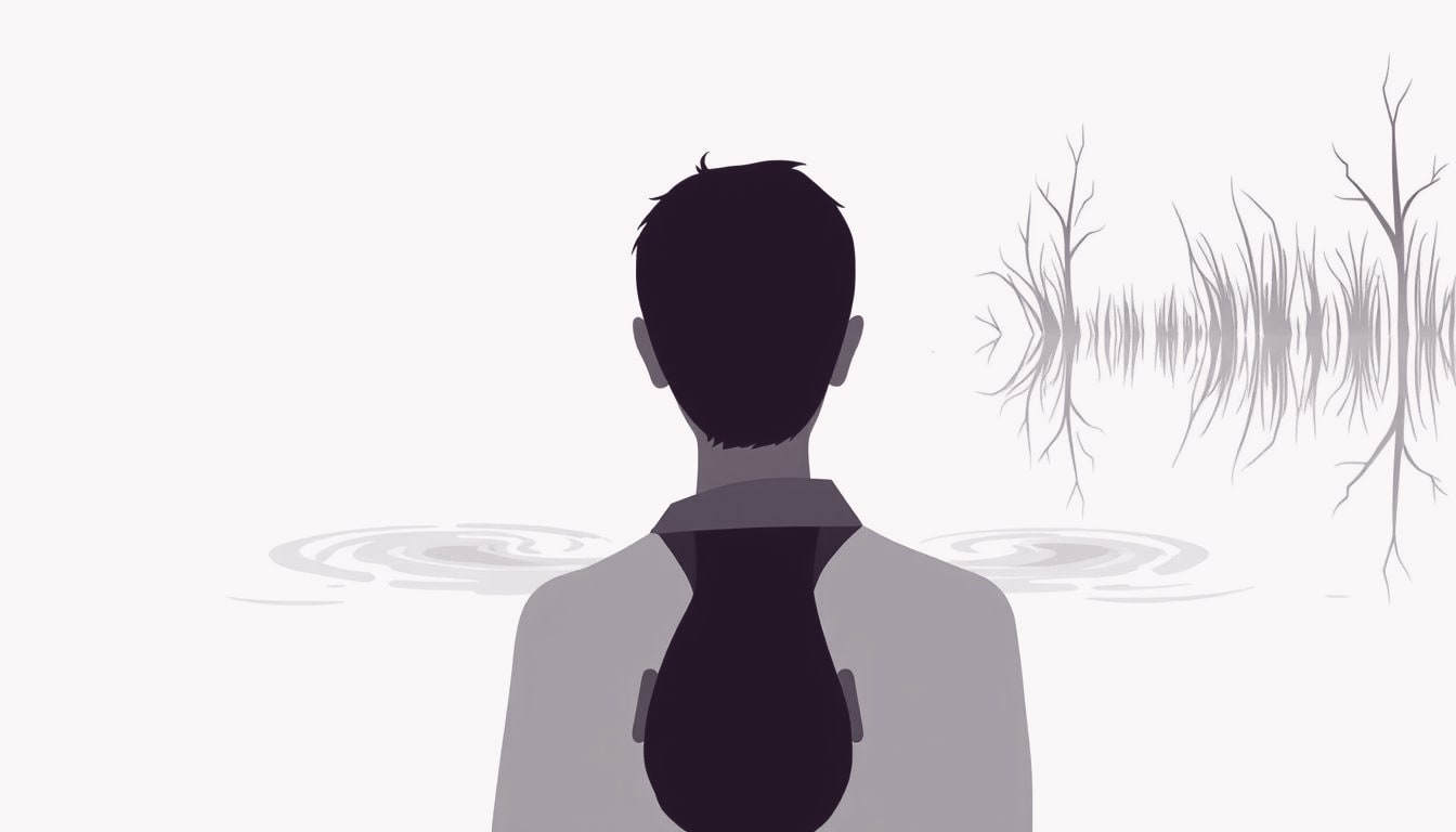 A person gazes into a still pond, their reflected face showing a tense expression while their real face appears calm