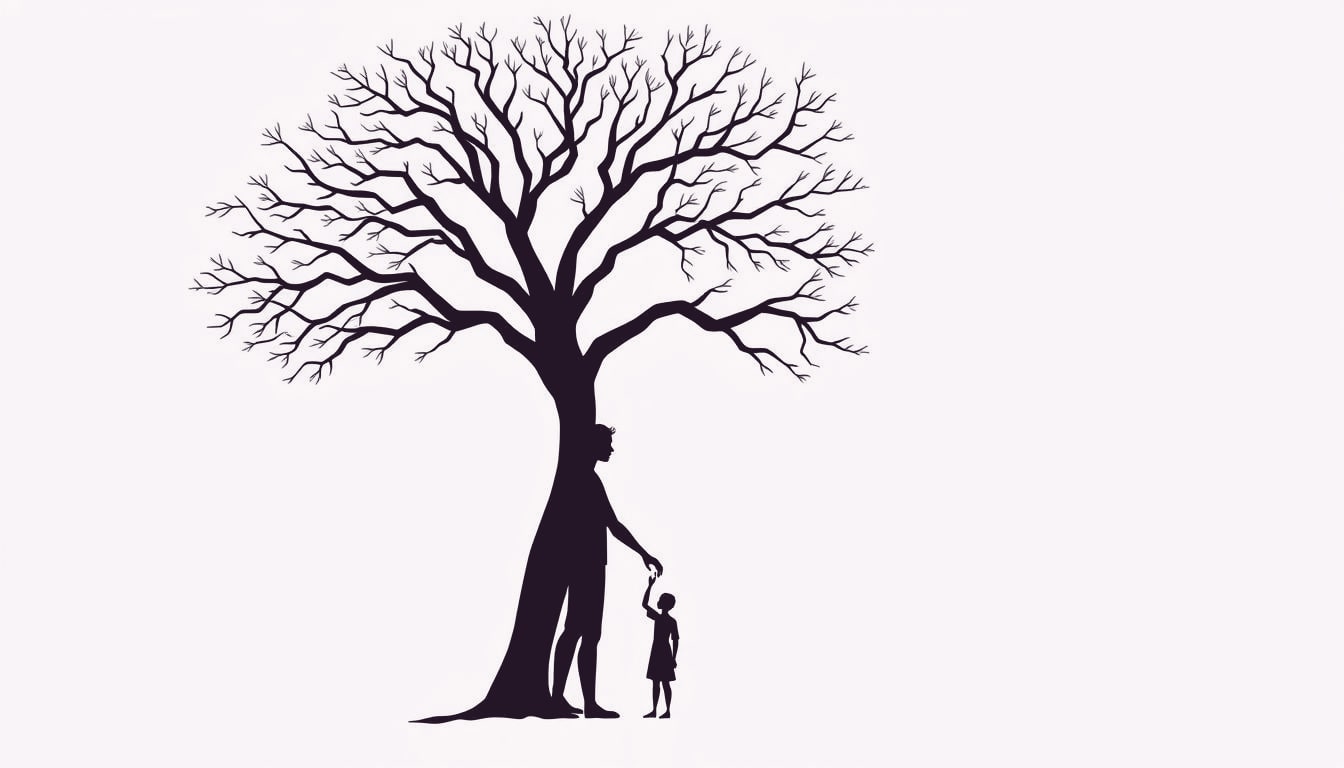A person stands with a sturdy, tree‑like spine extending from their chest to gently cradle a smaller figure’s hand