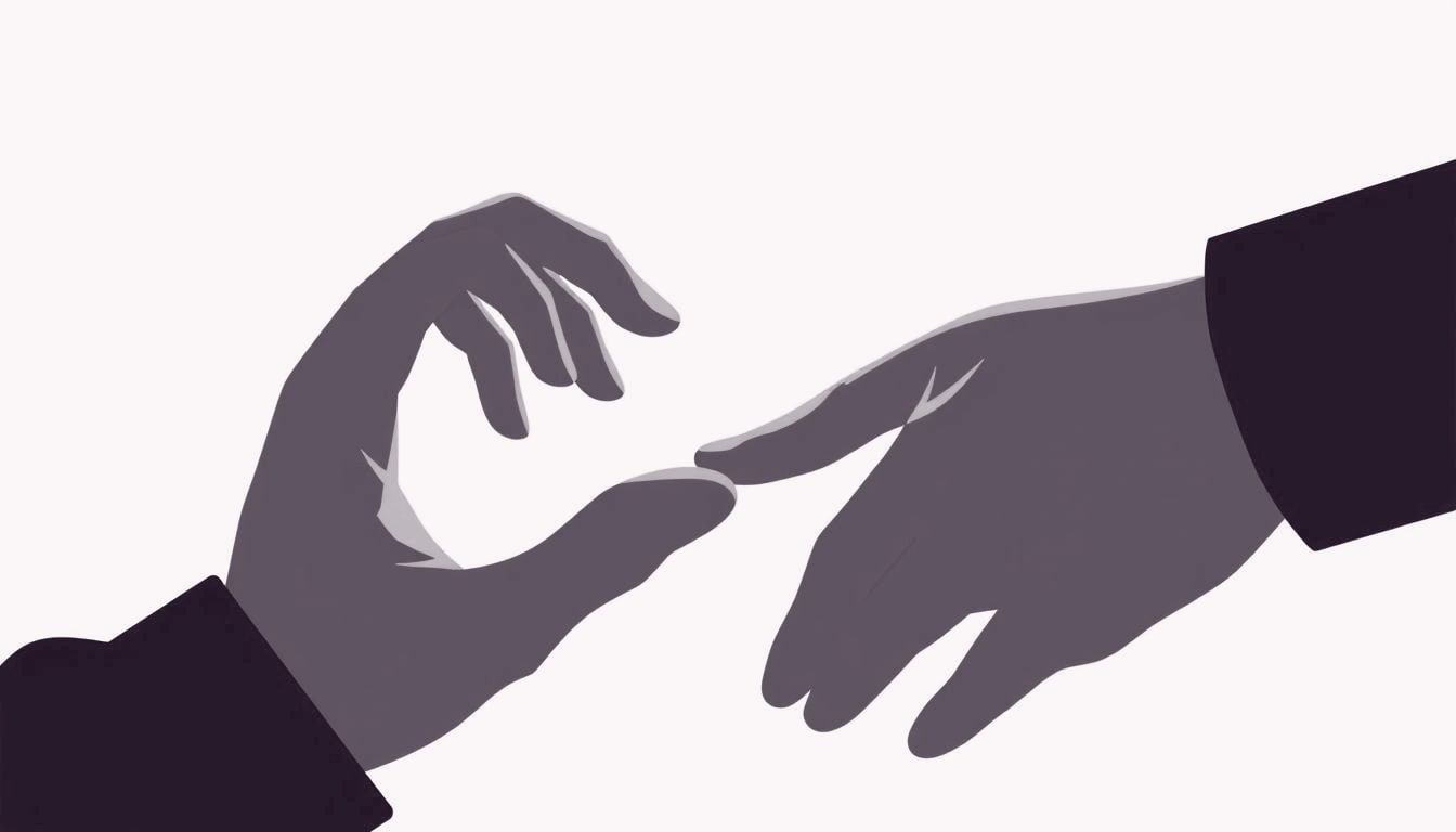 A calm hand resting lightly on a shaking hand, fingertips barely touching, conveying steadiness shared between two people