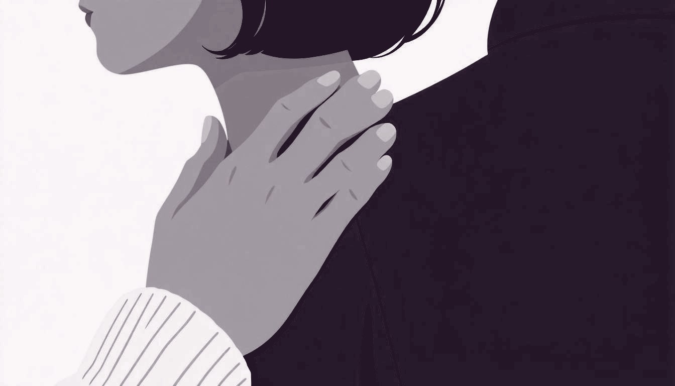 A hand gently rests on another's shoulder, fingers slightly curled as if feeling a pulse