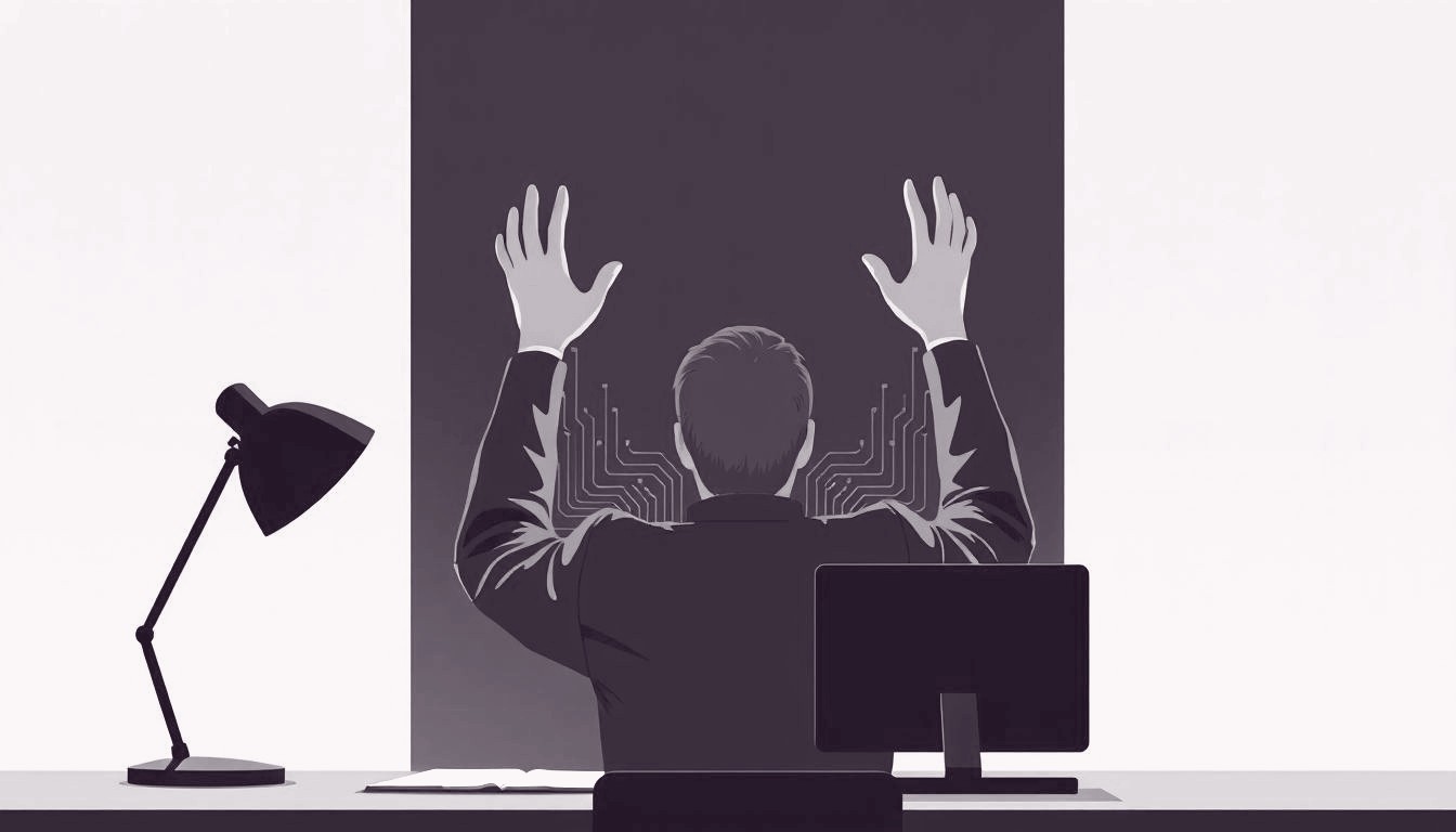 An engineer sits at a desk, their hands hovering over a circuit board that fades into empty space.