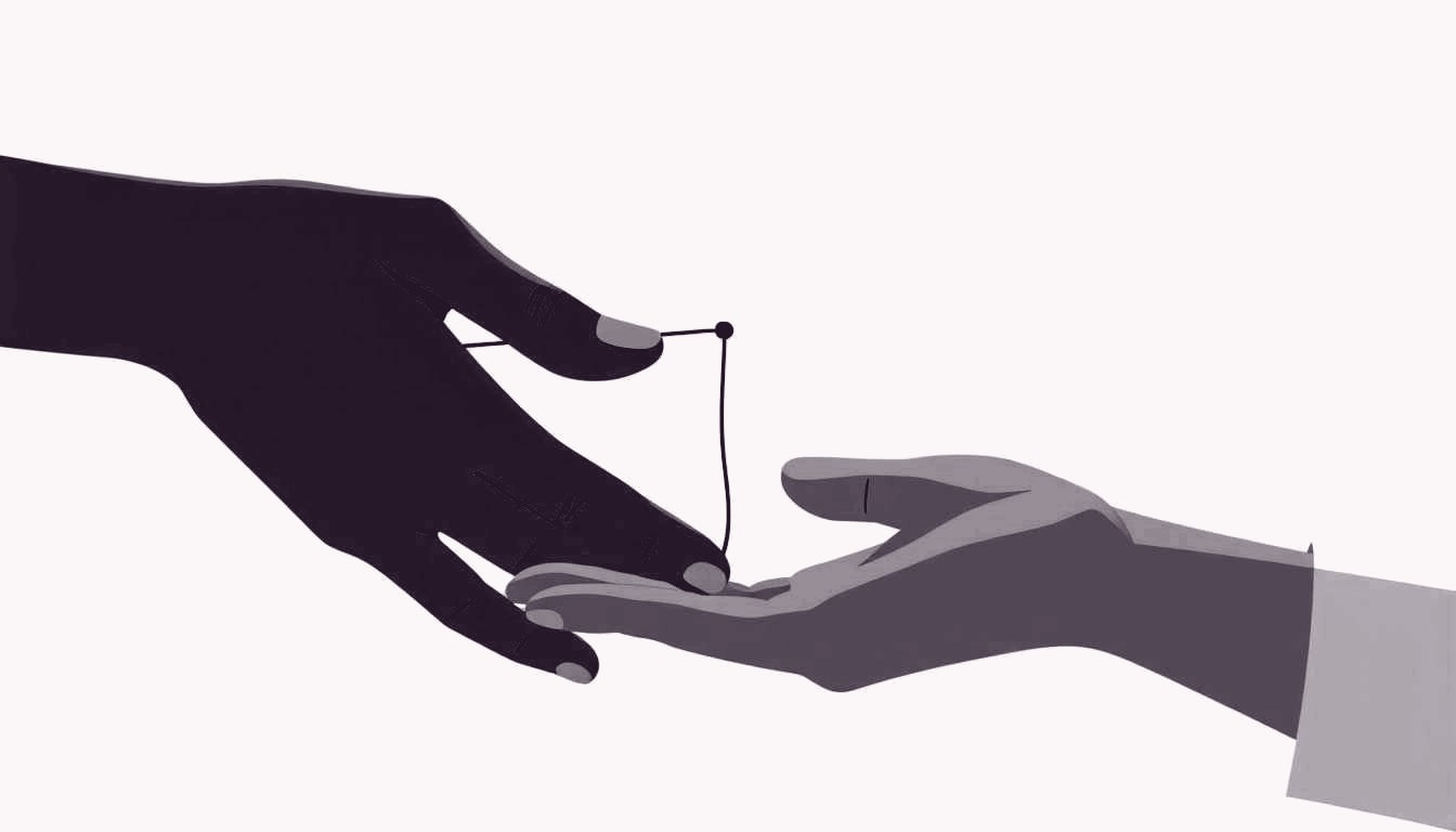 A hand gently passes a single strand of thread to another hand, the tension in the thread hinting at unseen family patterns