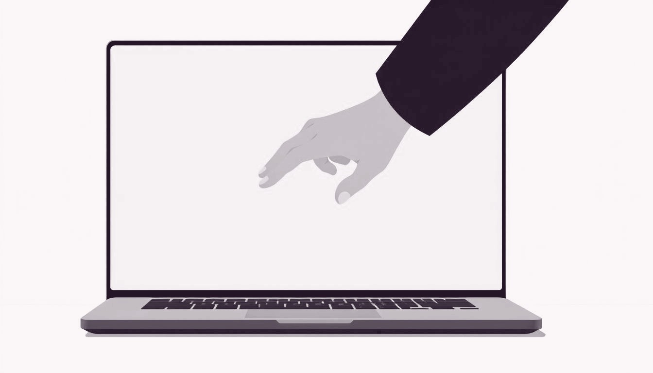 A freelancer gently pushes a laptop shut, the screen fading as their hand releases the edge.