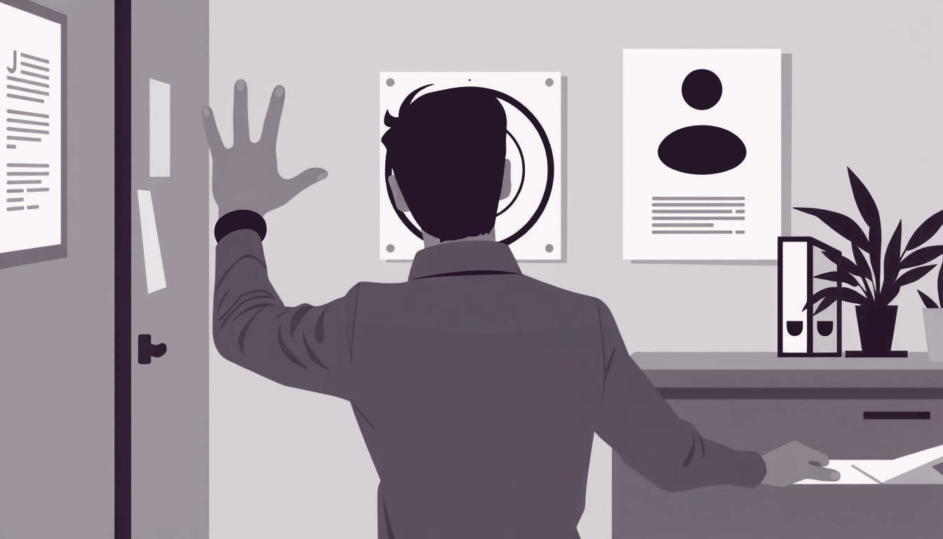 An office worker stretches a hand toward a target pinned on a wall, posture tense with focus.