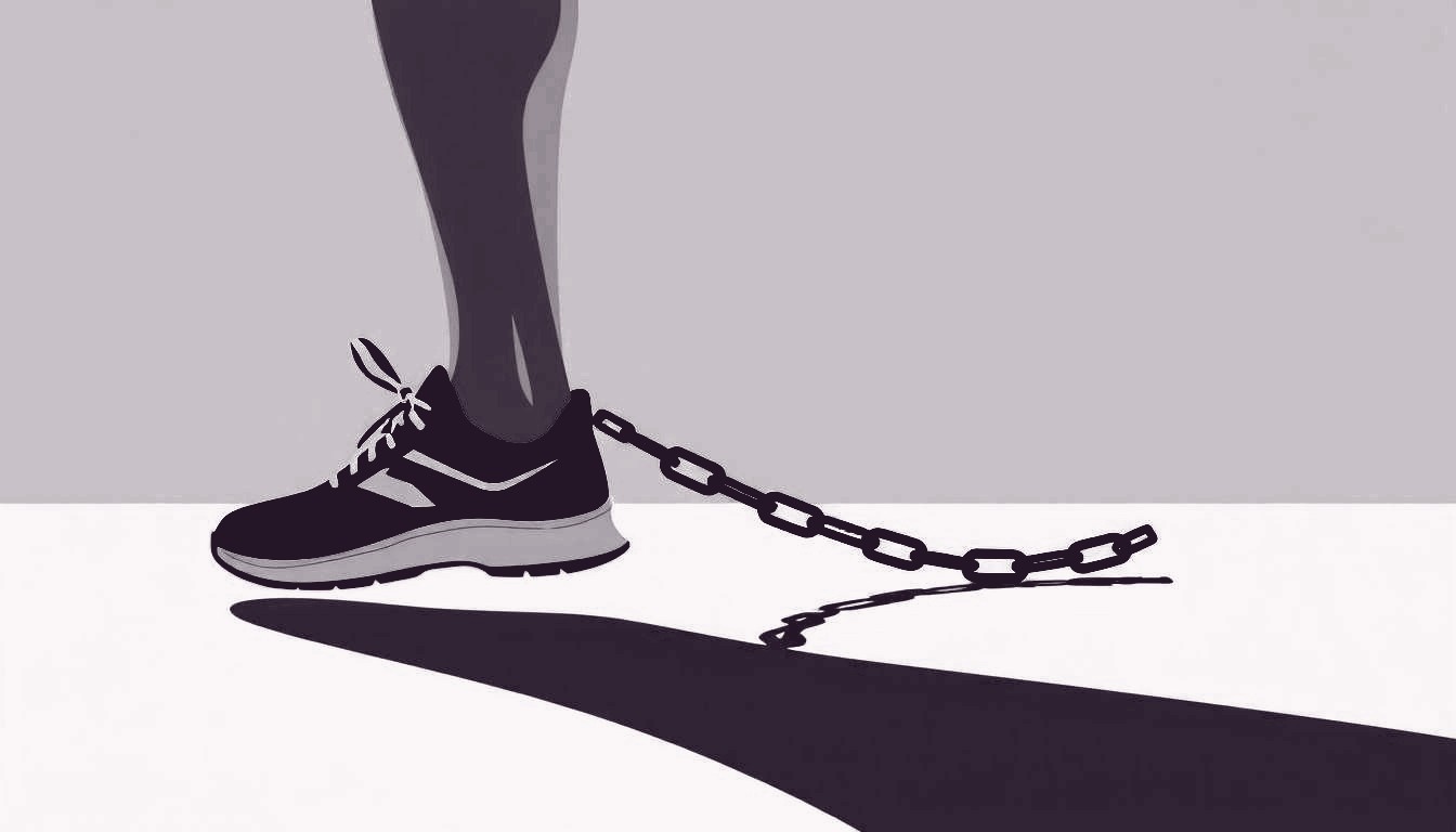 A runner's shoe is bound to a heavy chain that trails behind, anchoring the foot to the ground.