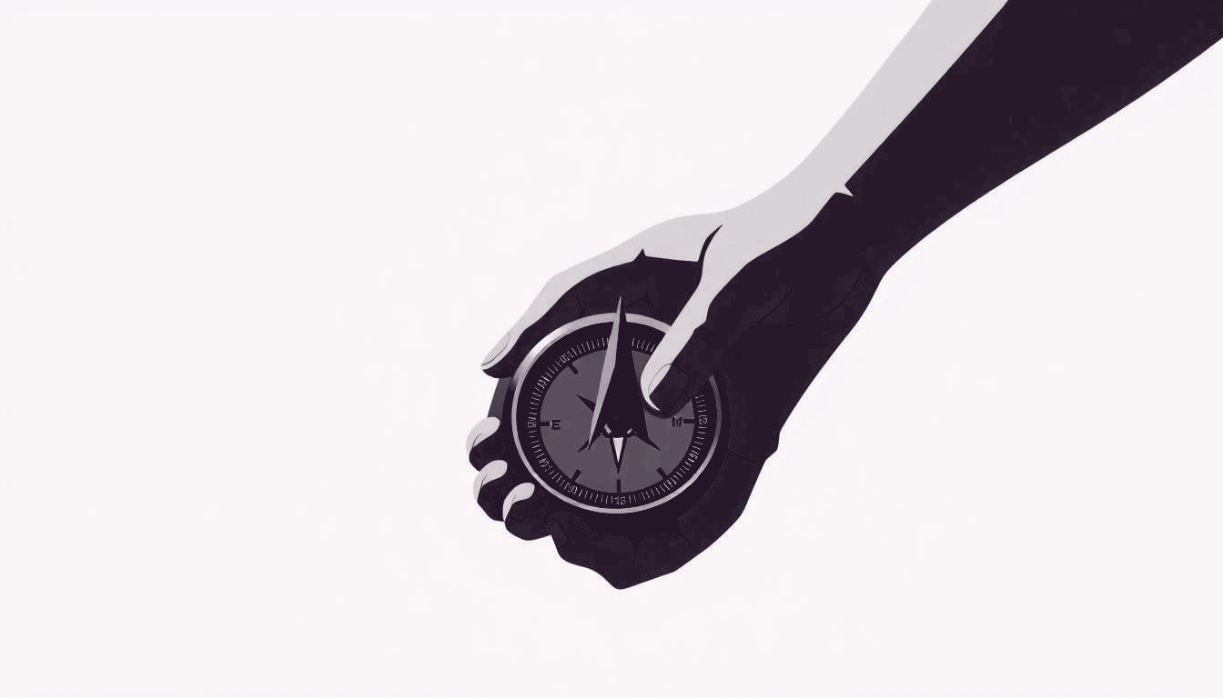 Two hands gently clasp a compass, the needle pointing forward as they share a common direction