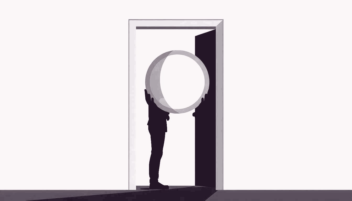 A person holds a transparent sphere that mirrors their face while standing in an empty doorway.
