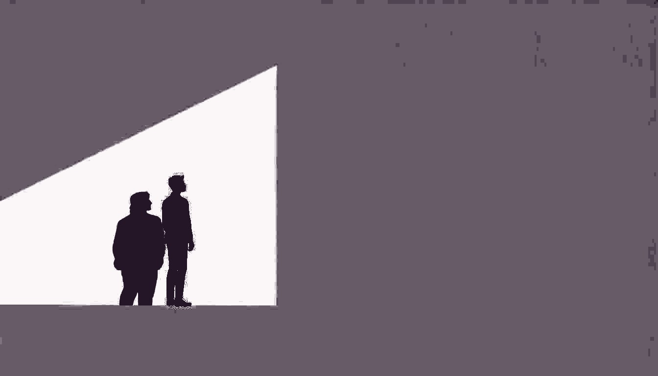 A lone person stands with one foot in shadow and the other foot in bright light, shoulders relaxed.