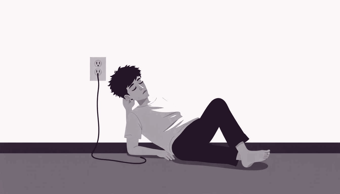 A tired individual slumps into a quiet corner, gently pulling a tangled cord from a glowing outlet, eyes closed as the light dims.