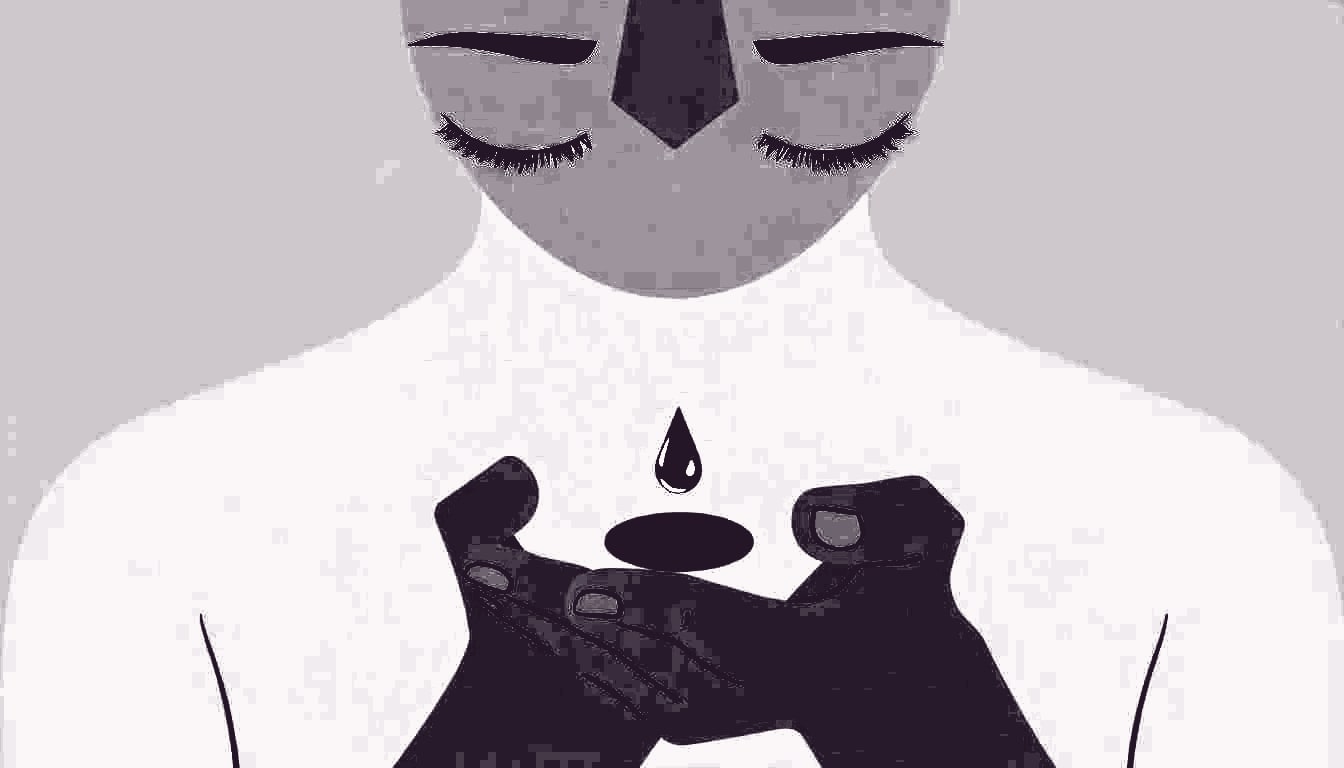 A person cups a single teardrop in their palm, eyes closed, breathing slowly.