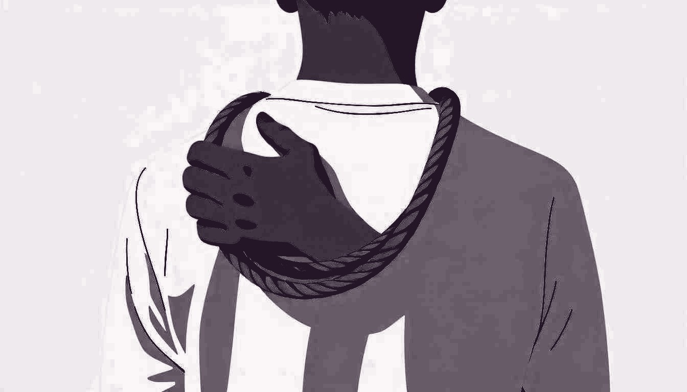A person gently loosening a tightly wound rope that encircles their shoulders