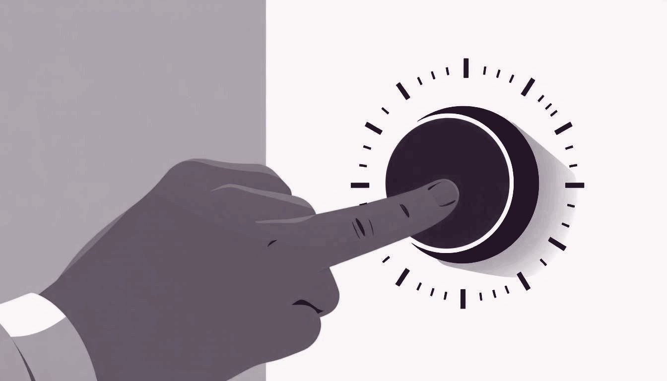 An individual turning a single oversized dial marked outcome with a fingertip, suggesting personal control over results.