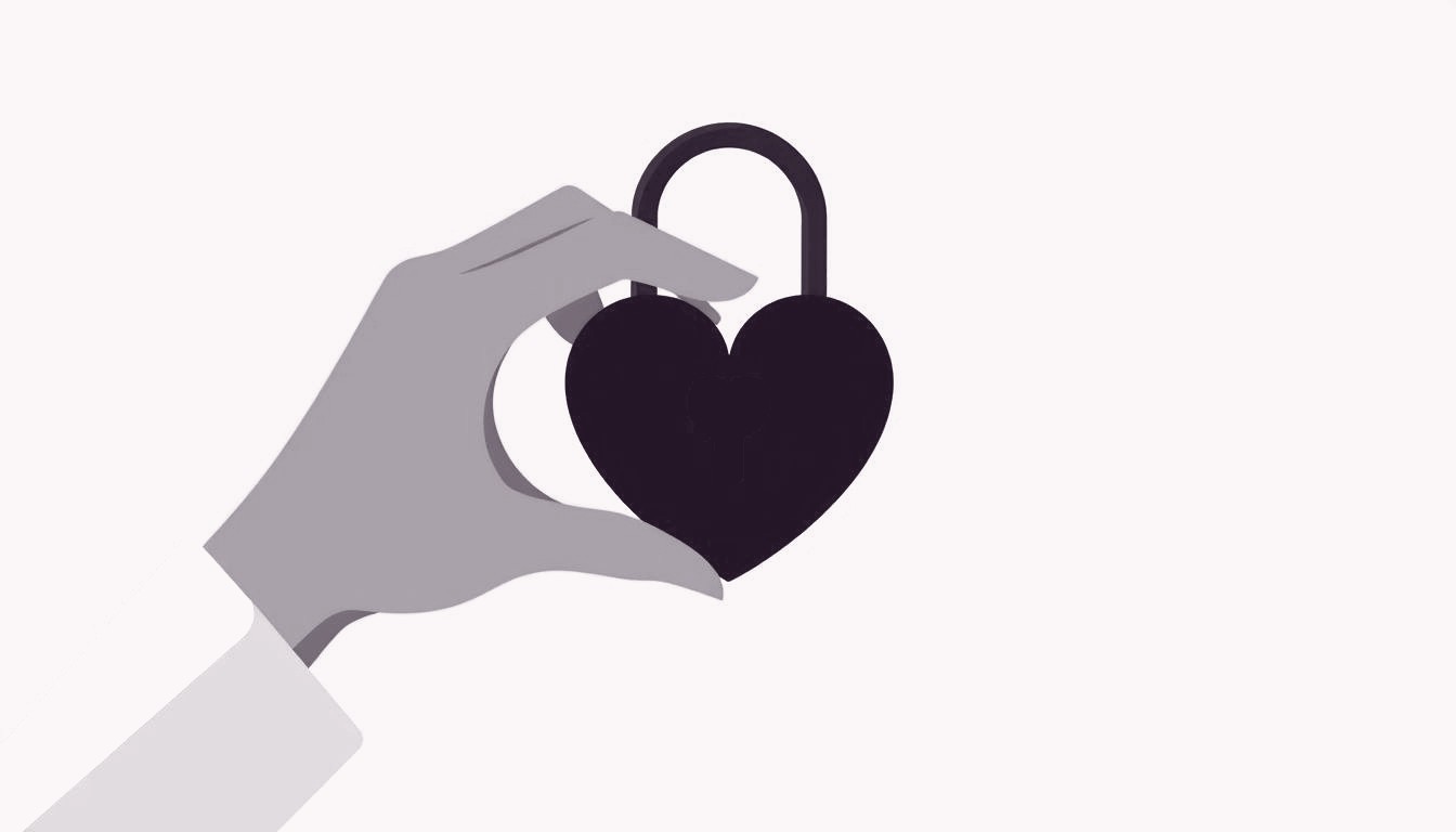 A hand turns a heart-shaped key in a lock formed by two interlocking silhouettes.