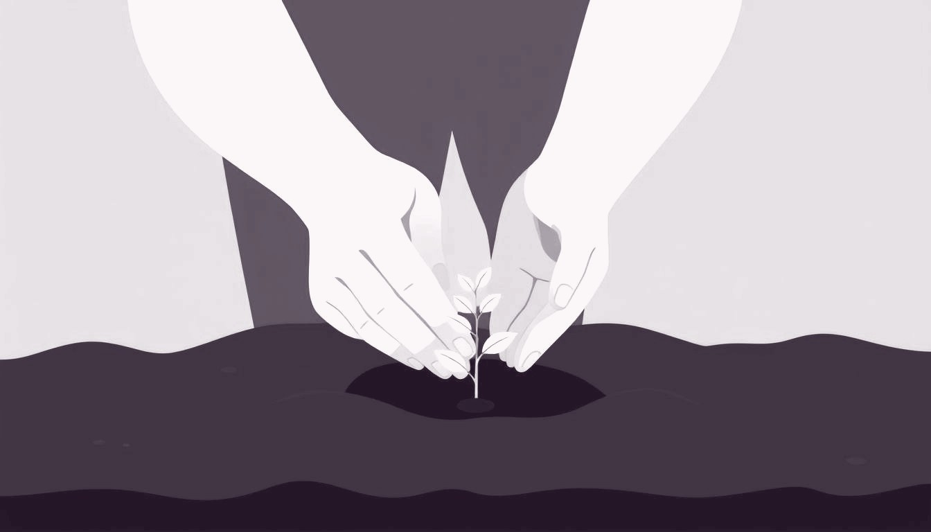 A person gently placing a small seed into rich soil, hands cupped, symbolizing planting purpose.