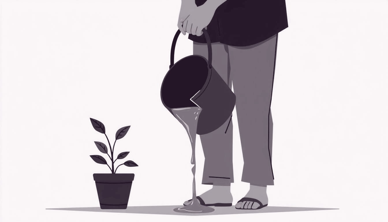 A weary adult holds a cracked water bucket that leaks onto a small potted plant beside them.