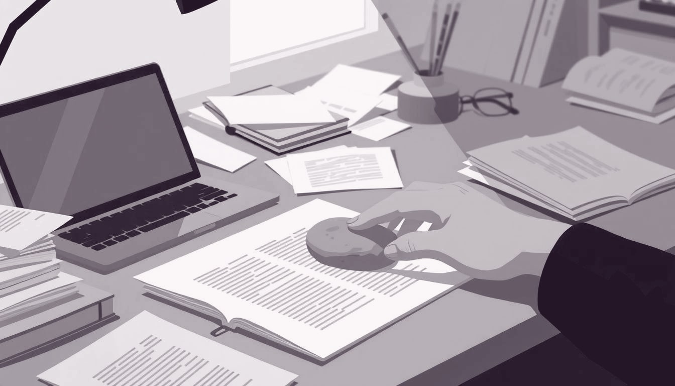 A hand gently places a smooth stone onto a cluttered desk, pausing amid scattered papers and a laptop