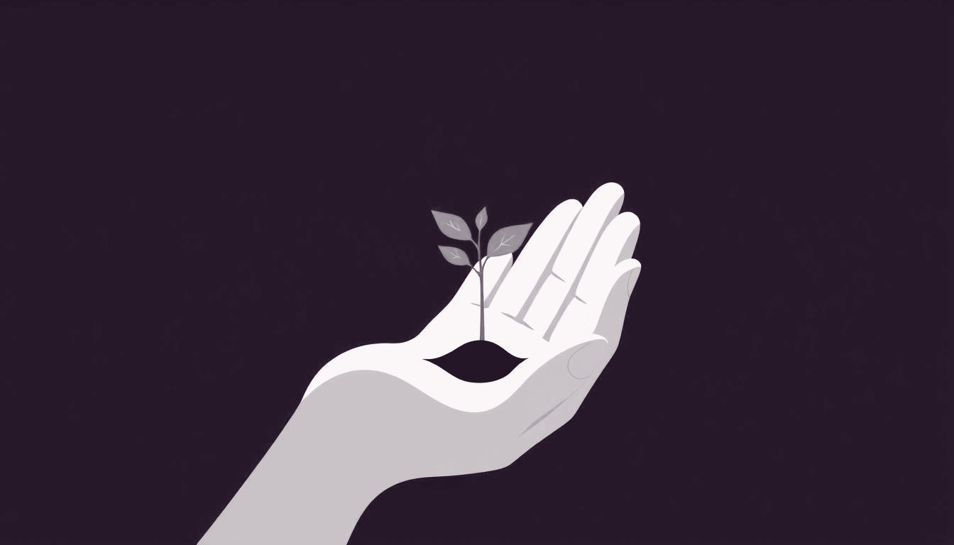 A hand cupping a delicate sprouting seedling, its tiny leaves reaching upward.