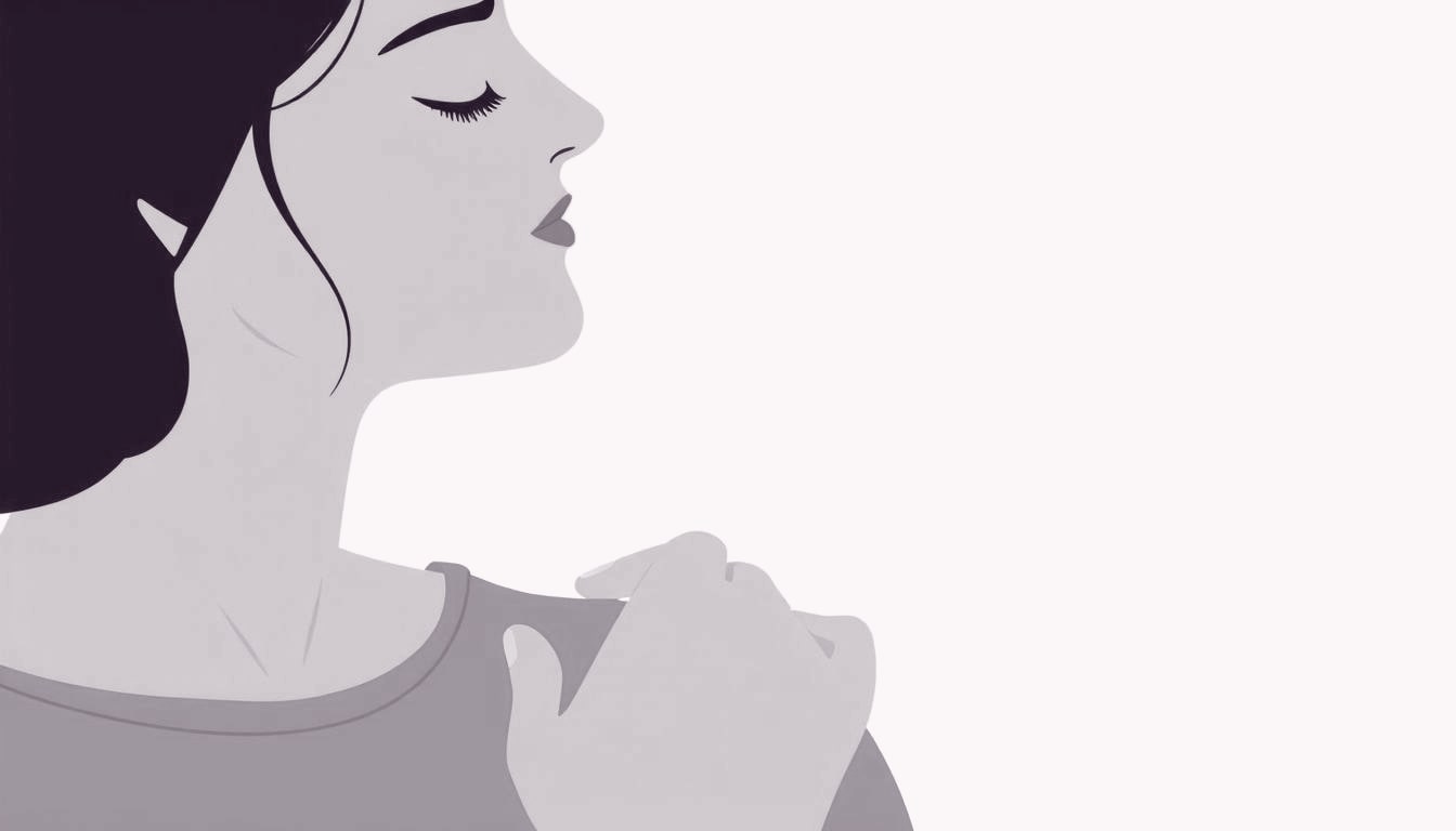 A person with eyes closed gently rests their hand on another's shoulder, both sharing a quiet, synchronized breath
