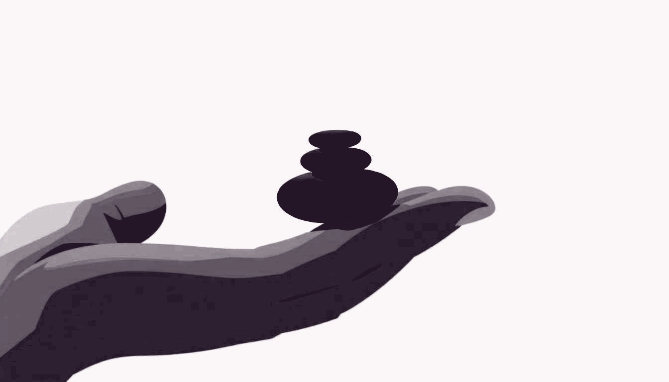 A hand gently cradles a smooth stone that rests perfectly on a fingertip, conveying calm balance.