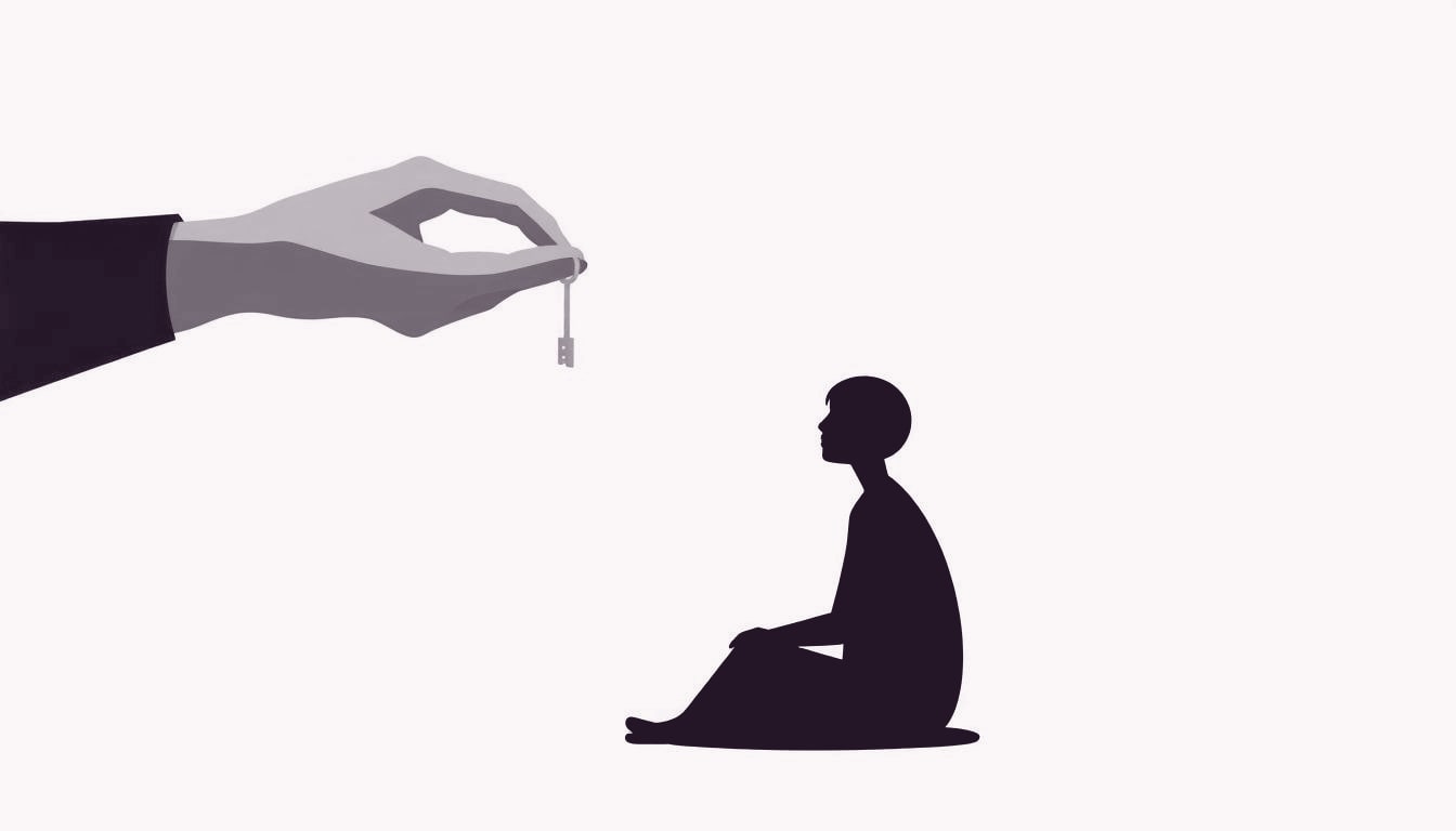 An adult extends a gently open hand offering a small key to a seated figure