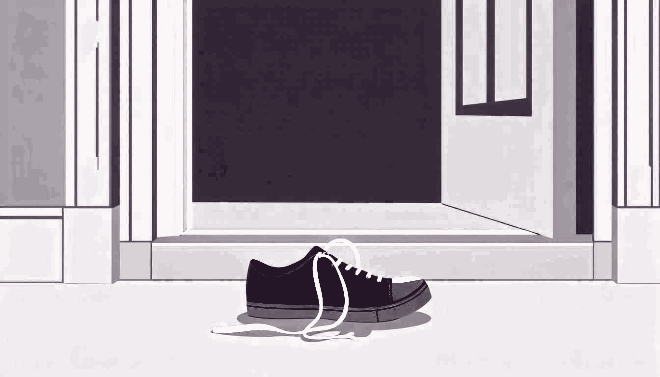 A single shoe rests on a doorstep, its laces untied, suggesting a sibling’s recent departure