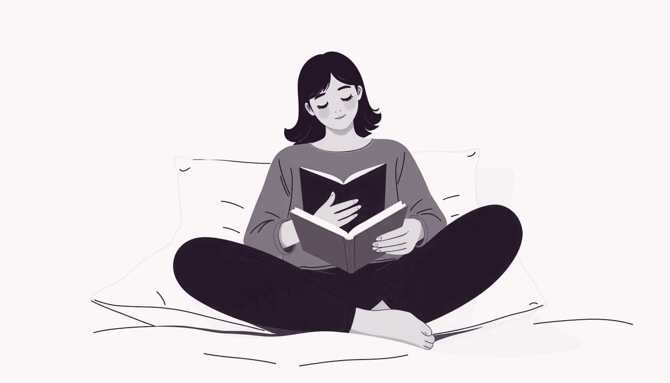 A person seated on a pillow, eyes closed, gently cradling a small notebook in both hands