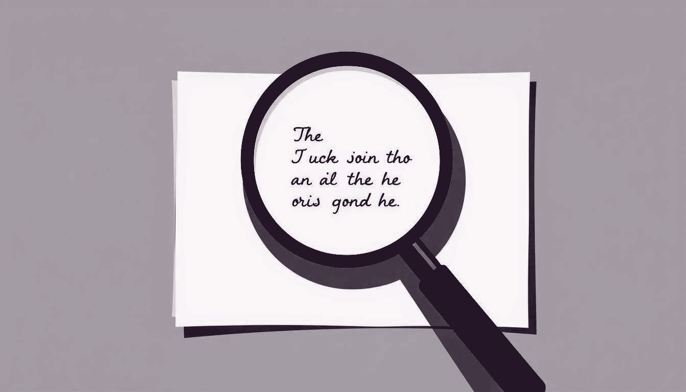 a single magnifying glass hovers over a handwritten sentence on a sheet of paper