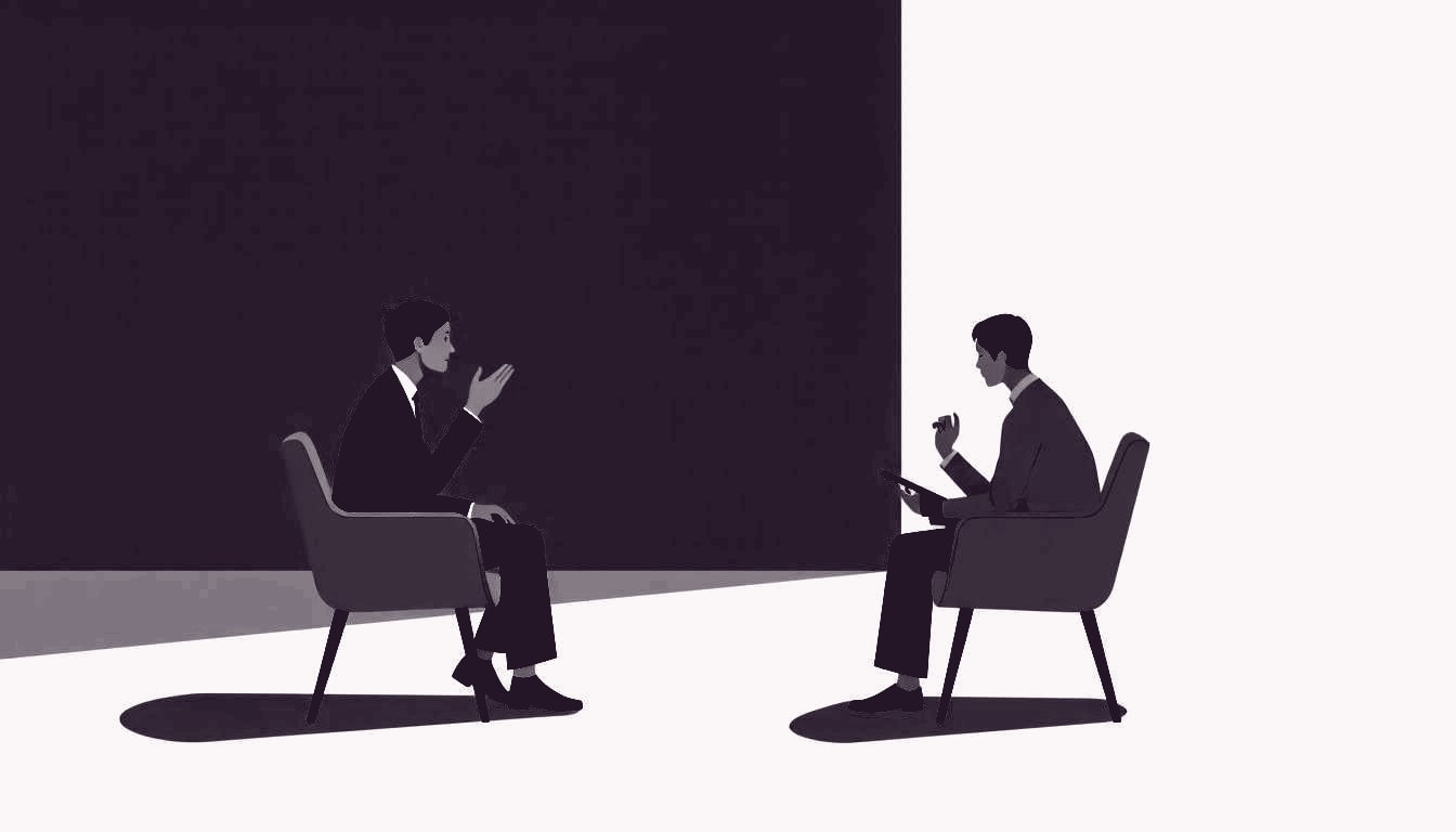 A listener leans forward, matching the exact posture and hand gesture of the speaker sitting opposite, their bodies perfectly aligned