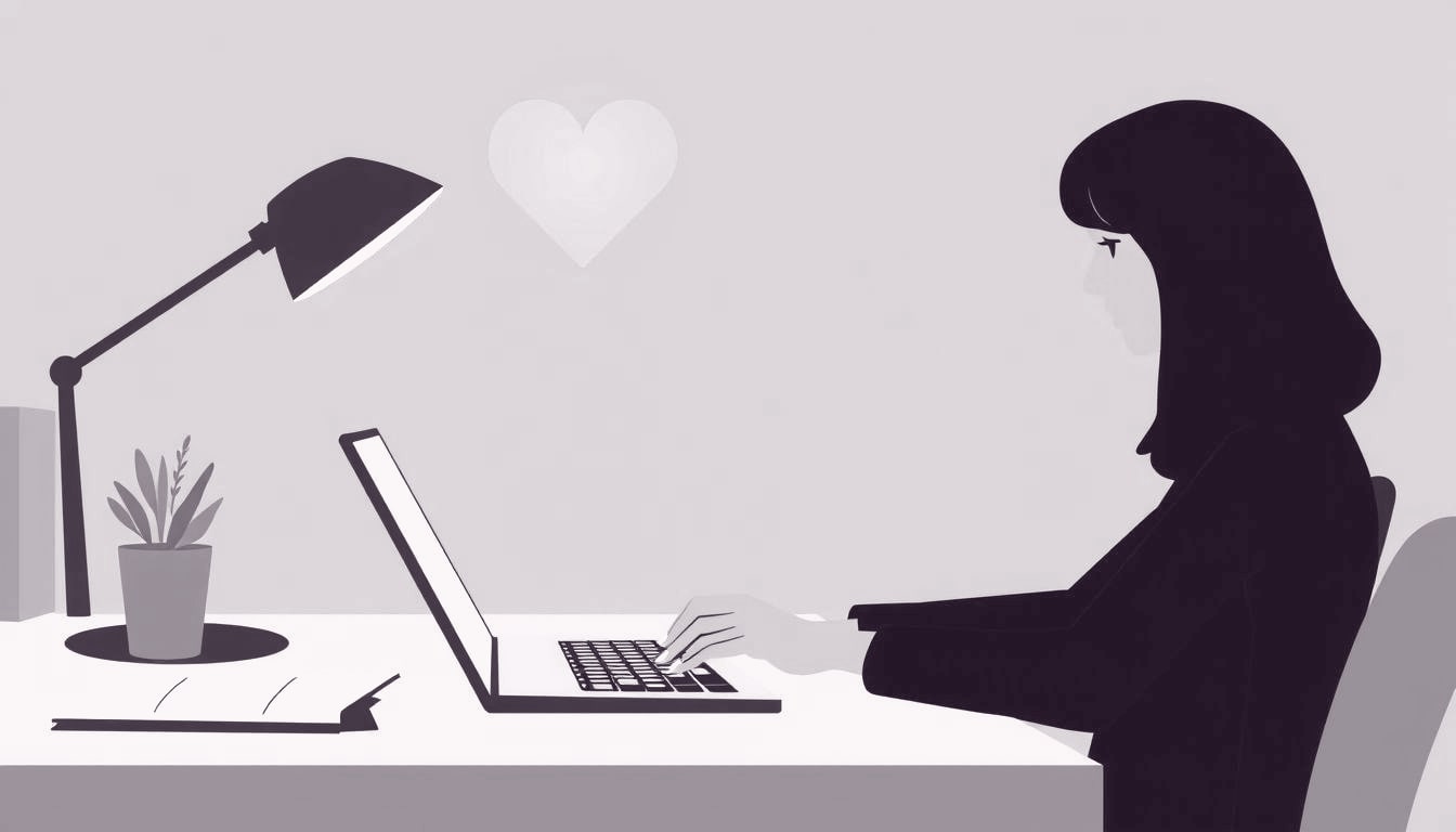 A person typing at a desk, a faint heart-shaped reflection glimmering in their eyes, indicating personal satisfaction influencing work
