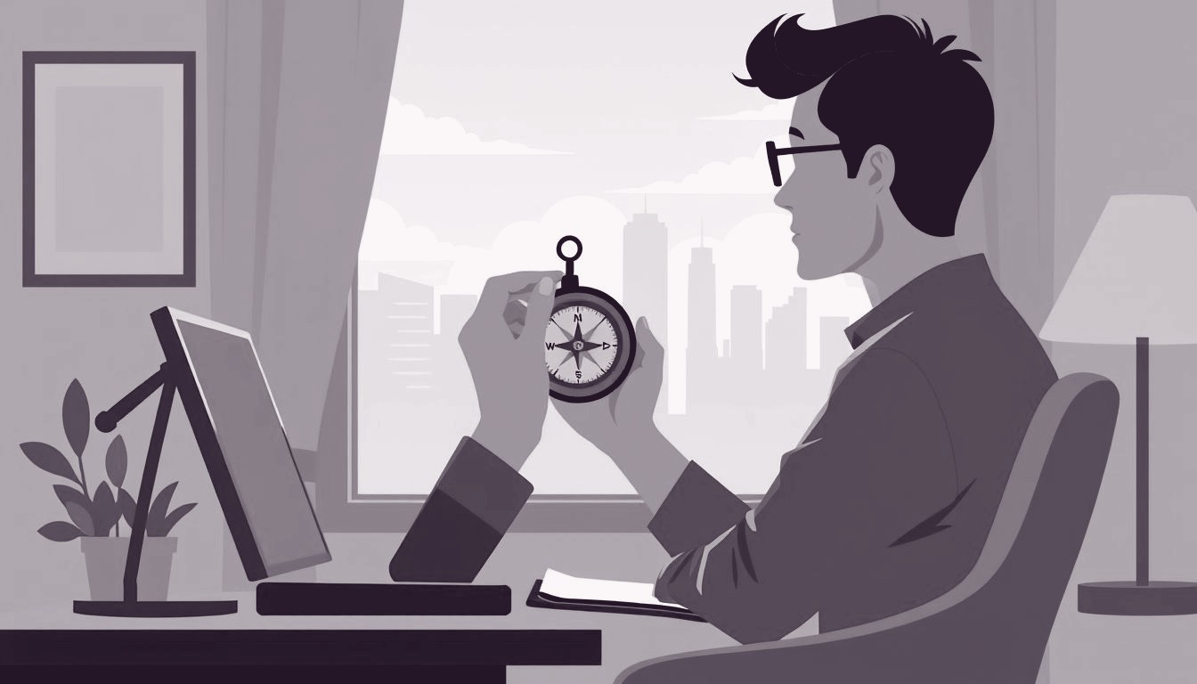 A person seated at a home desk holds a compass, eyes fixed on a distant city skyline beyond the window.
