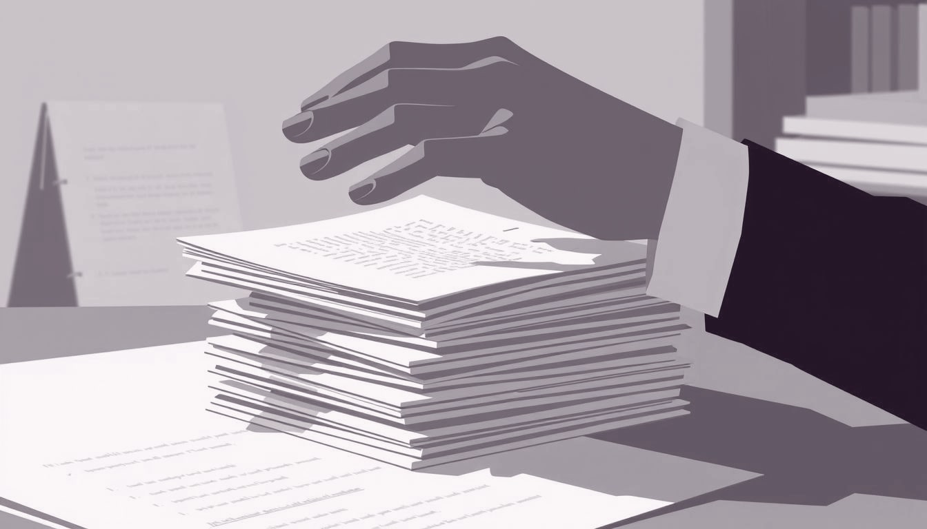 A hand calmly steadies a trembling stack of papers on a desk.