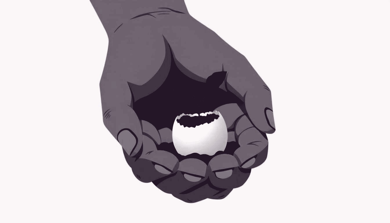 A hand gently cupping a fragile cracked egg that is sprouting a tiny shoot.