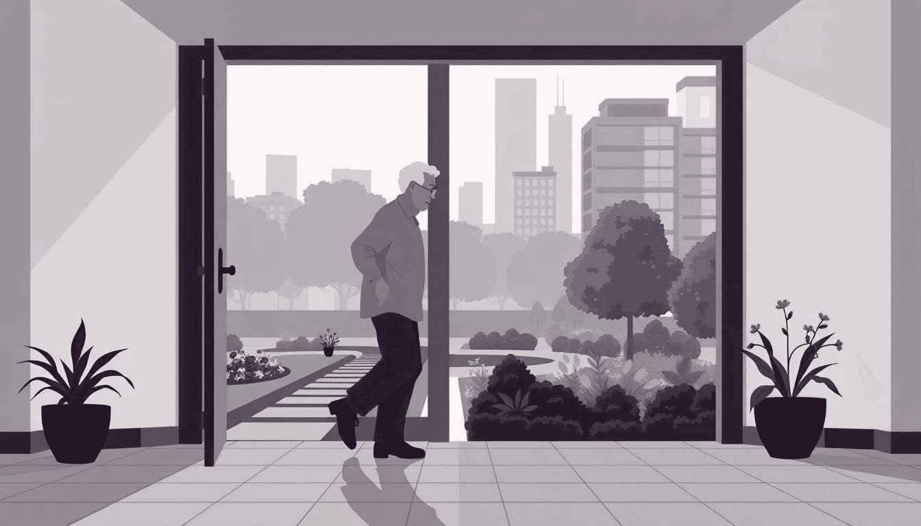 A retiree pauses at an open doorway, one foot stepping onto a tranquil garden path while the other remains on a bustling city tile.