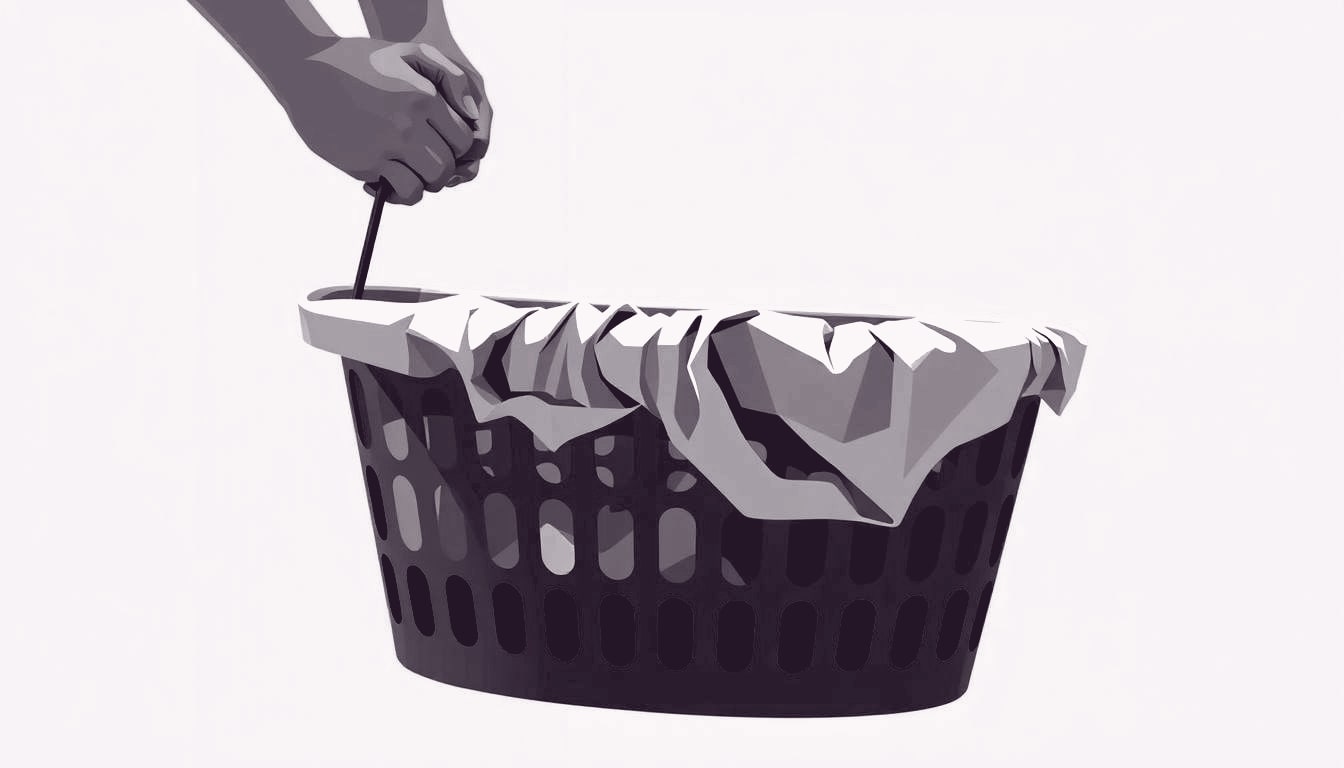A single pair of hands tightly gripping a wrinkled laundry basket, fingers trembling as they lift it