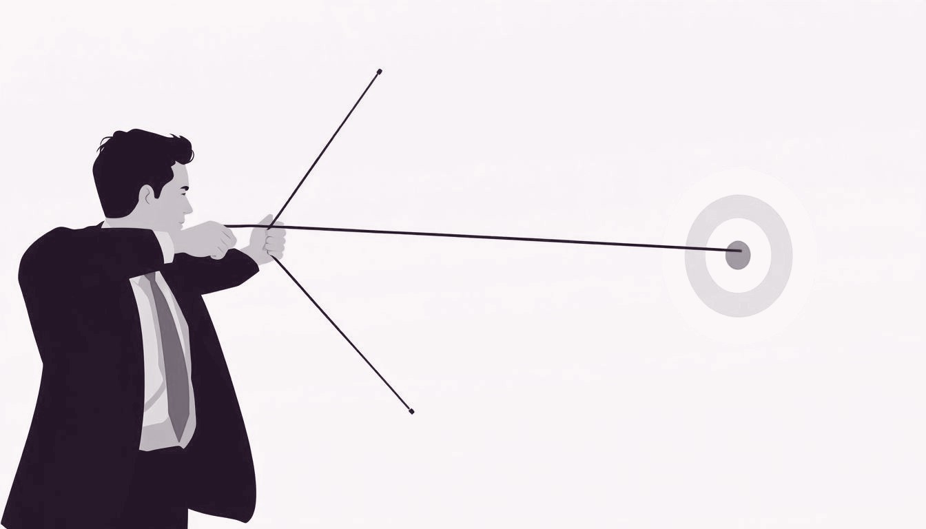 A salesperson stretches out a hand, pulling a taut bowstring aimed at a distant target.