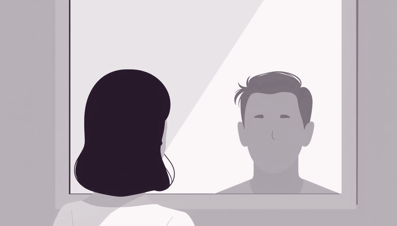 A person peers into a spotless mirror that shows their face without distortion.