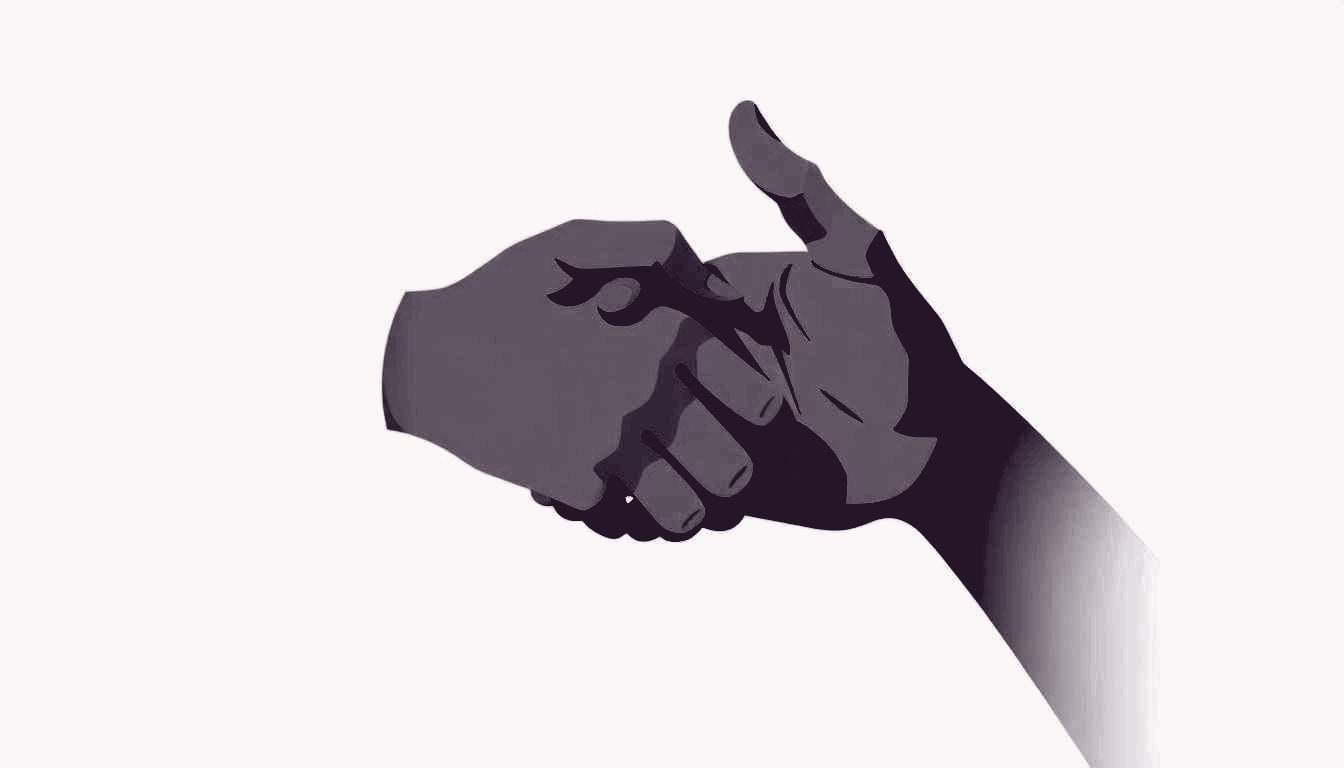 A single handshake where one hand is gently pulling back, leaving a visible gap between the palms.