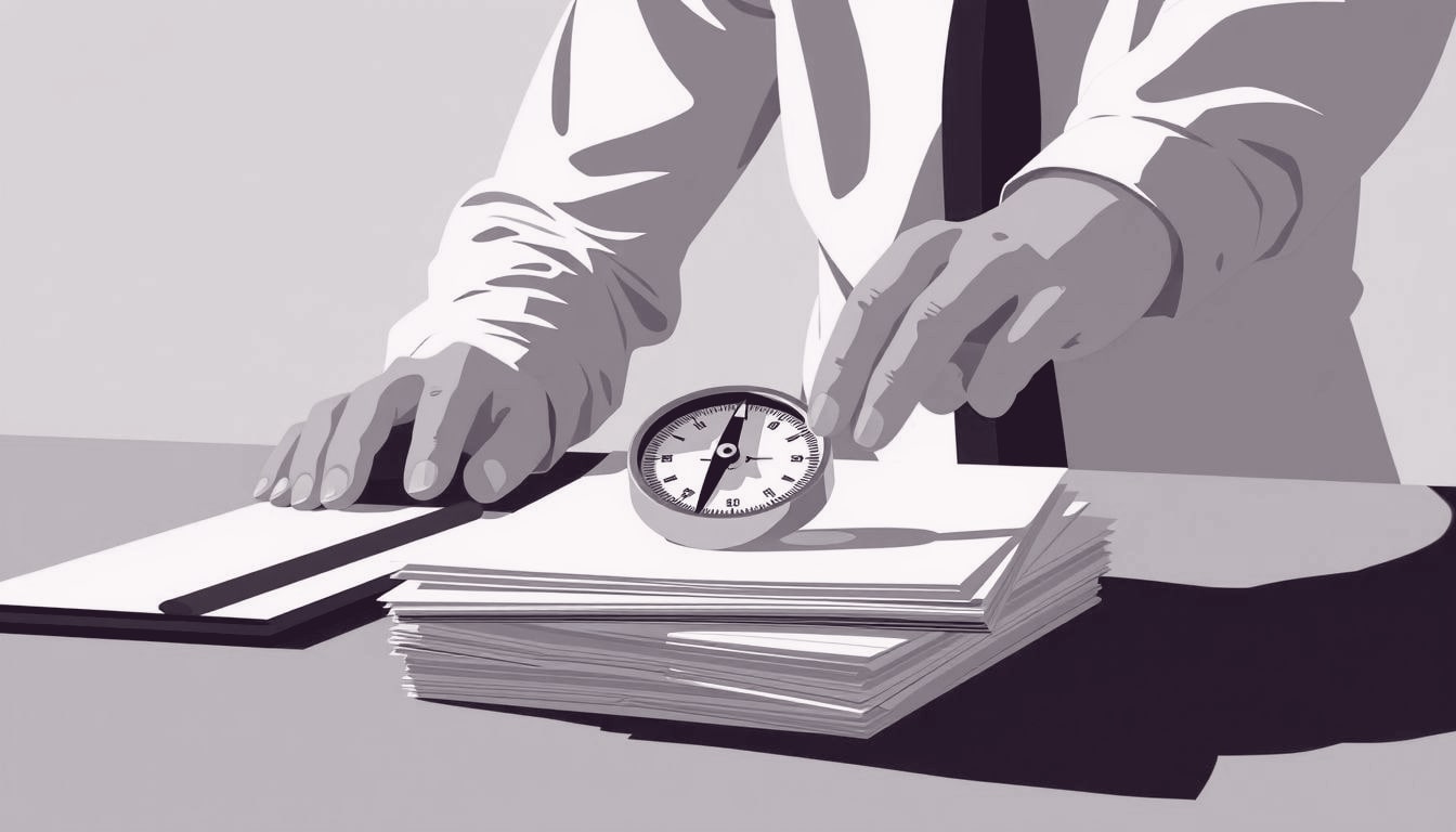 A professional gently places a compass onto a conference table, aligning its needle with a stack of papers
