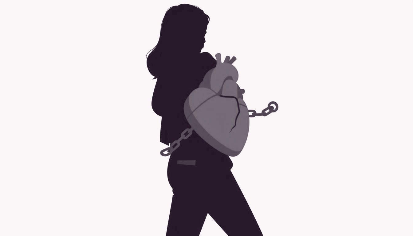 A person pulls at a heavy chain looped around their heart, feeling it tug backward.