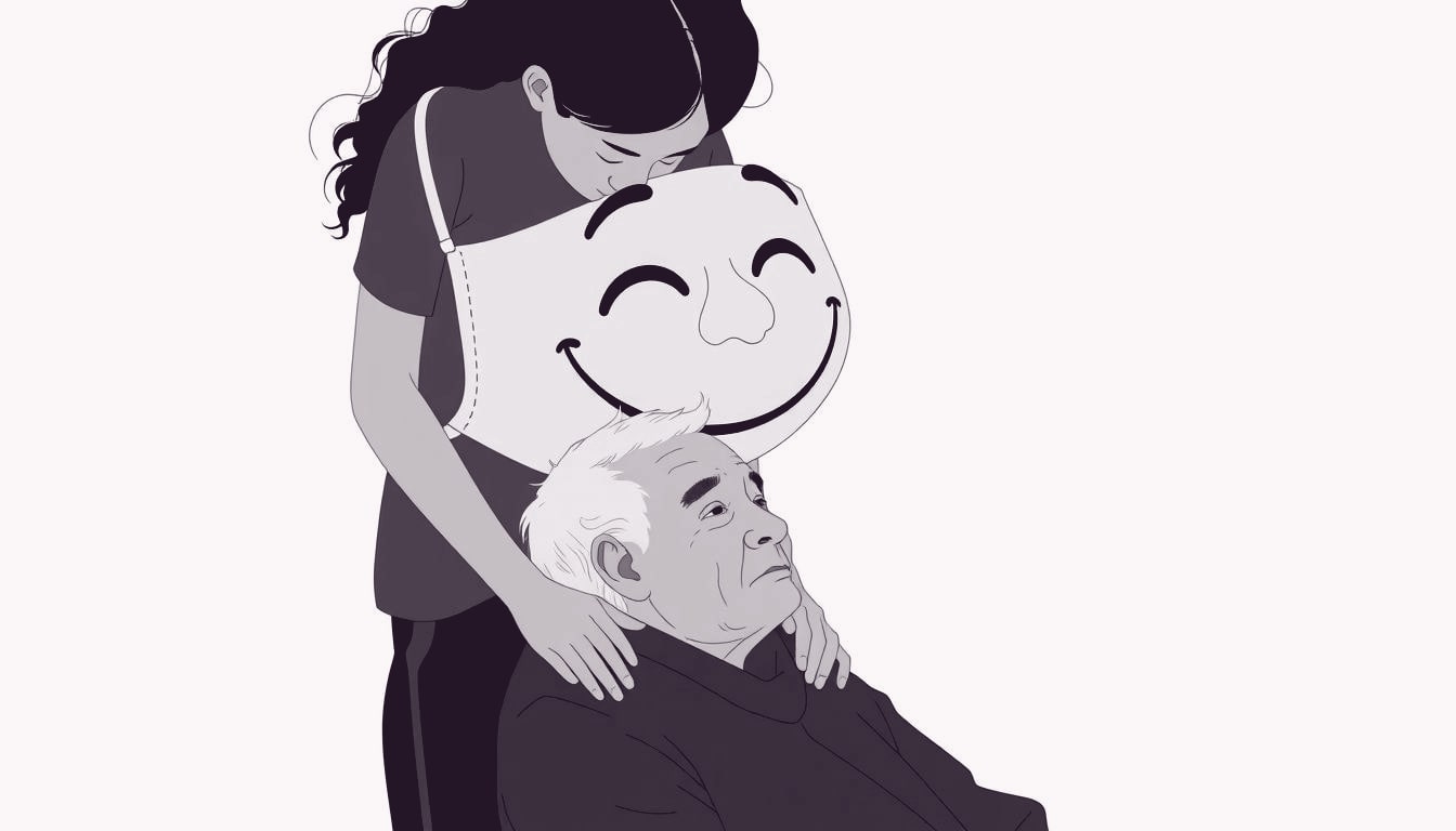 An adult gently cradles an oversized smiling mask that hovers above a seated elder, their posture showing both care and strain