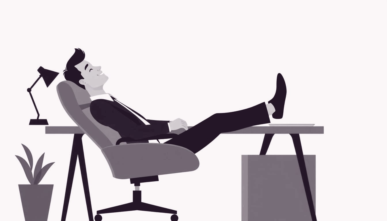 A relaxed employee leans back in a chair, feet up on a desk, a subtle smile on their face indicating contentment